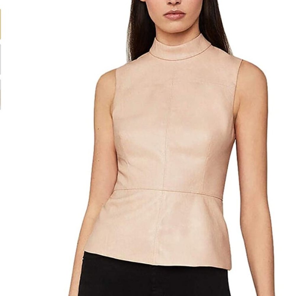 BCBGMAXAZRIA Womens Faux Leather Mock Neck Peplum Top